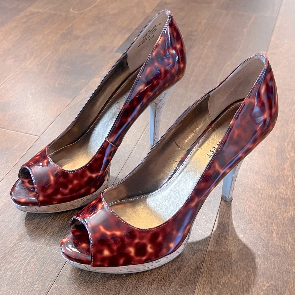 Nine West Nwzuki Peep Toe Patent Leather Cork Heels, Women’s Size 7.5